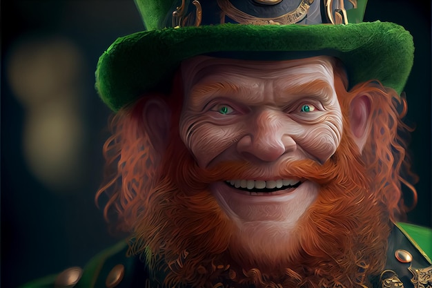 Illustration of red bearded man in green hat patrick day AI