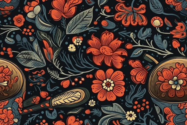 Illustration of red and blue flowers and leaves on a black background created with Generative AI technology