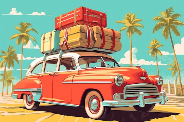 Illustration of a red car with luggage on top of it generative ai