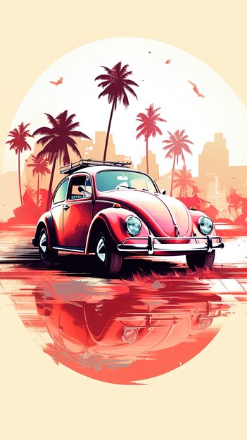 an illustration of a red car with a palm tree in the background