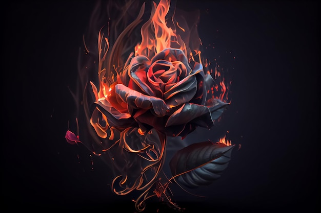 Illustration of red dramatic rose on fire passion concept AI