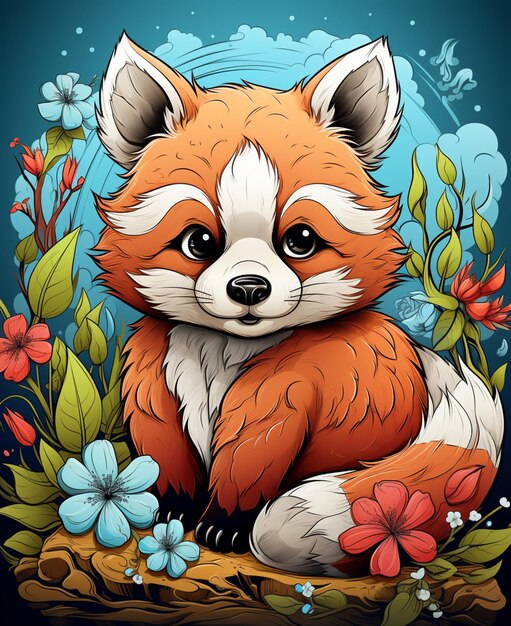 Photo illustration of a red fox sitting on a log surrounded by flowers generative ai