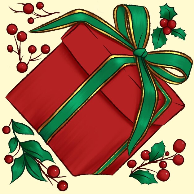 illustration of red gift box with green gold ribbon pattern on yellow background