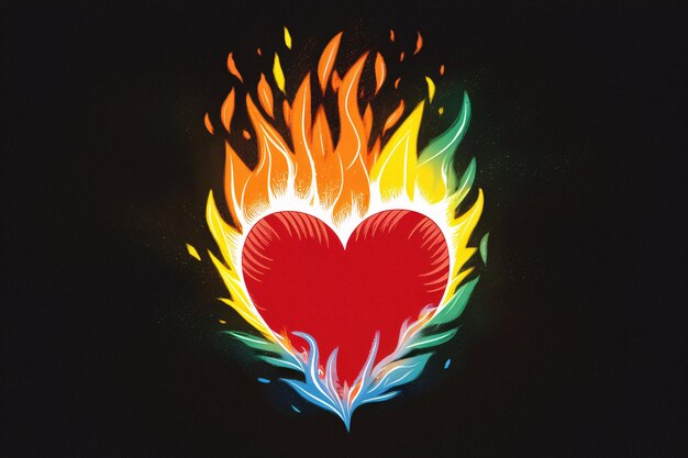 Photo illustration red heart in colorful glowing fire isolated on black background