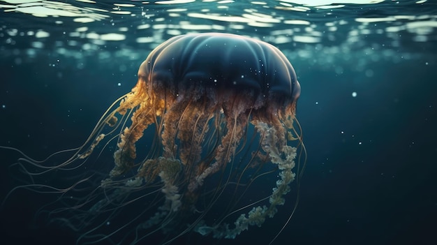 Illustration of a red jellyfish in the sea