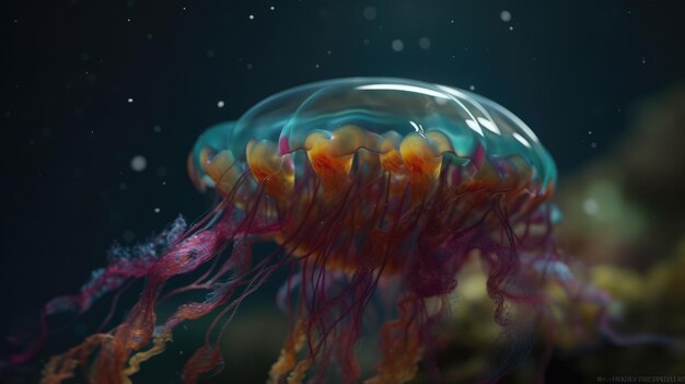 Illustration of a red jellyfish in the sea