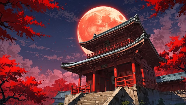 A illustration of red moon japanese