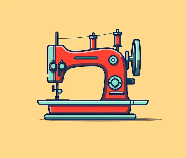 Illustration of a red sewing machine on a yellow background.