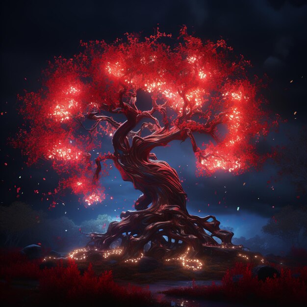 illustration of red spirit magic treerealistic impressive