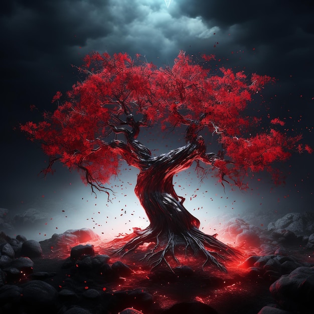 illustration of red spirit magic treerealistic impressive