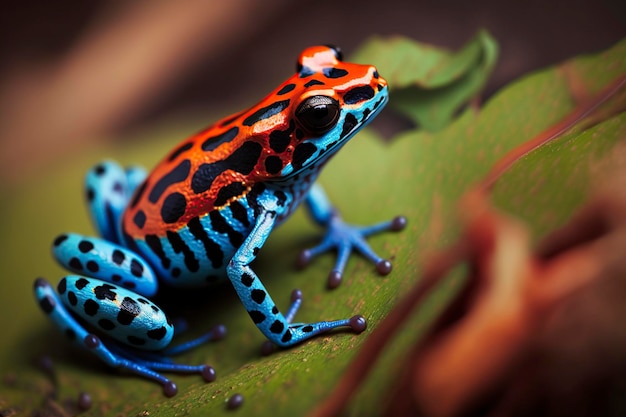 Photo illustration red striped poison dart frog blue legs ai generative