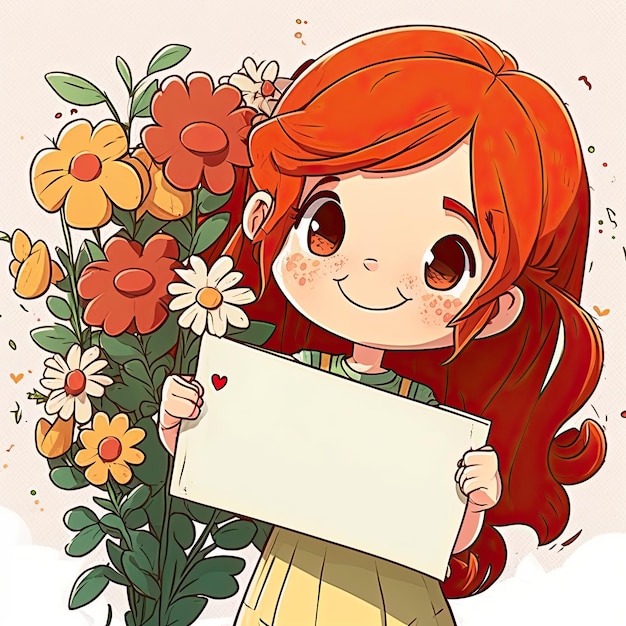 Illustration of a redhaired girl holding a blank poster and with many flowers around Generative AI