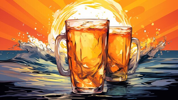 An illustration of refreshing beer glasses clinking together set against a background of water symbolizing celebration and lifestyle