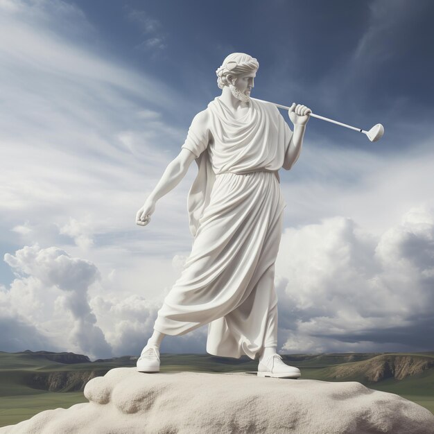 illustration of reimagine a white classical Greek statue playing gol