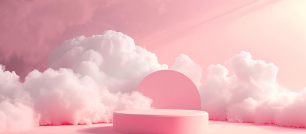 Photo illustration rendering 3d pink cylinder podium product display cloud sky pastel color generated ai