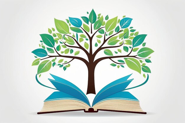 Foto un'illustrazione rappresenta l'albero, il logo dell'istruzione, il primo lettore di libri, l'icona della scuola, il simbolo della conoscenza e la natura, il concetto di studio dell'infanzia, il design isolato sullo sfondo bianco.