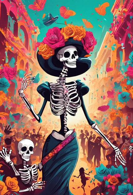 illustration representing the Day of the Dead festival with face painting masks and typical props