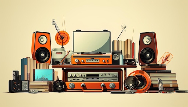 Illustration of a retro composition featuring a mix of vintage media devices