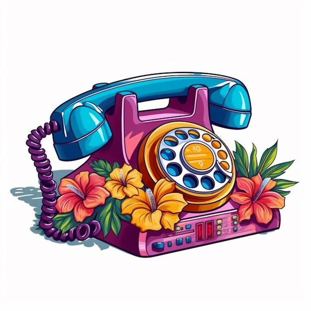 Illustration of a retro phone with flowers and leaves generative ai