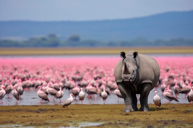 illustration rhino and pink flamingo background in africa ai generative