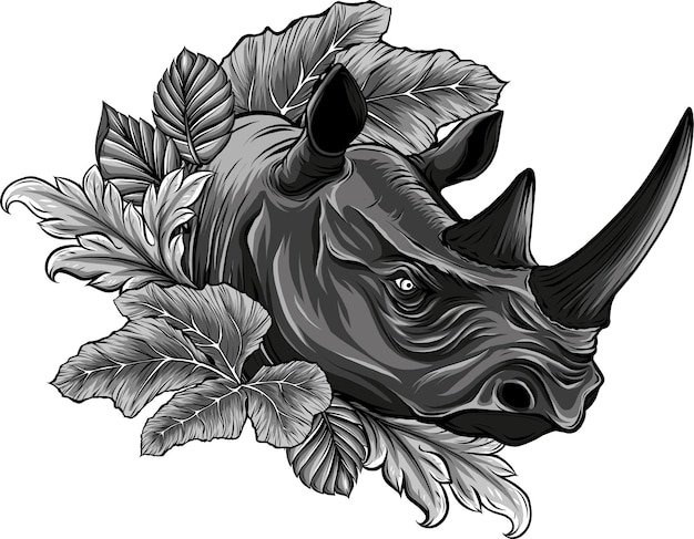 Photo illustration of rhinoceros head with leaves