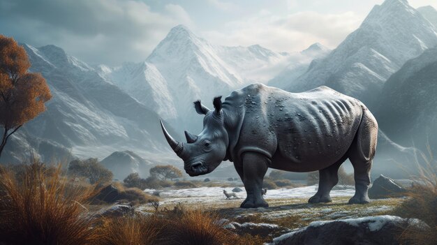 Illustration of a rhinoceros in the middle of the forest