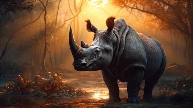 Illustration of a rhinoceros in the middle of the forest