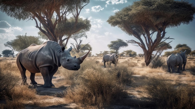Иллюстрация носорога посреди леса