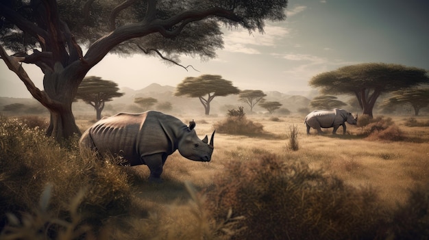 Illustration of a rhinoceros in the middle of the forest