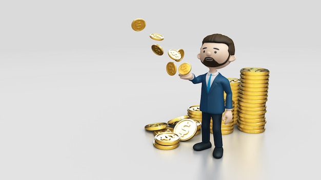 illustration of a richman surrounded by coins and dollar coins falling into the palm