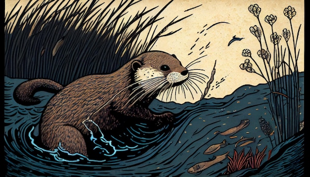 An illustration of a river otter swimming in the water.