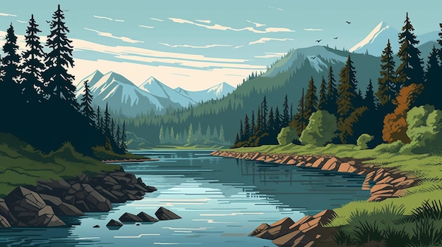 Illustration Of River Scene With Mountains And Lake