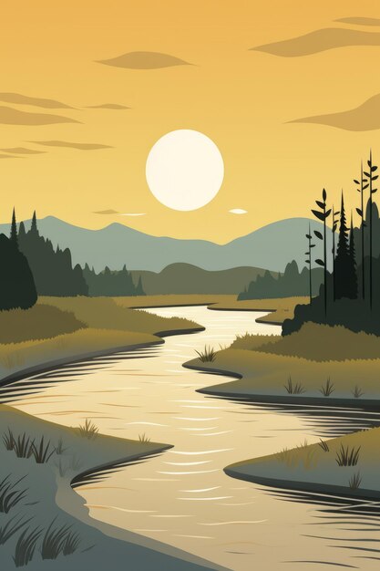 Photo an illustration of a river at sunset with mountains in the background
