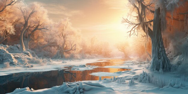иллюстрация реки, окруженной покрытыми снегом деревьями
