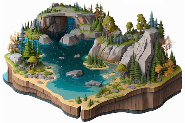 Иллюстрация реки с лесом и горой.