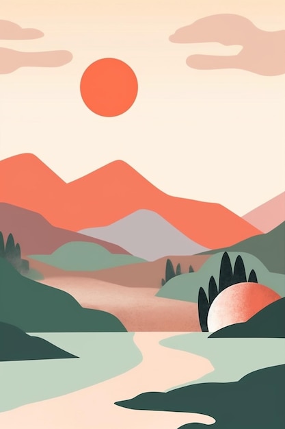 Foto illustrazione di un fiume con montagne e un tramonto sullo sfondo generativo ai