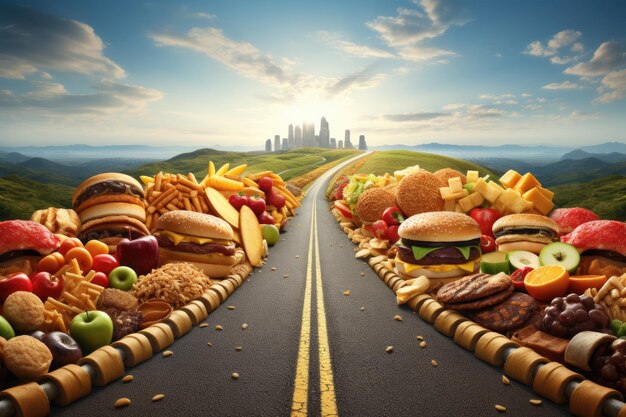 Foto illustrazione di una strada fiancheggiata da deliziosi fast food