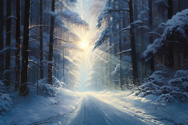 a illustration of a road in a snowy forest