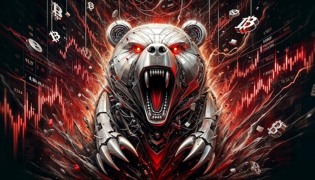 Illustration of roaring robot bear on abstract red charts stock market crypto currency