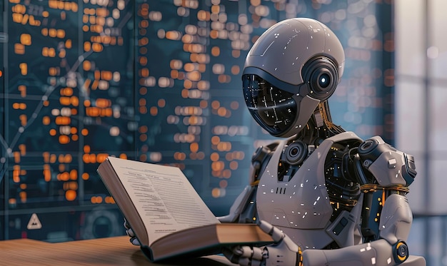 Photo illustration of robot humanoid reading book and solving math data analytics in concept of