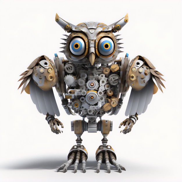 Illustration of a robot owl in white with a unique look