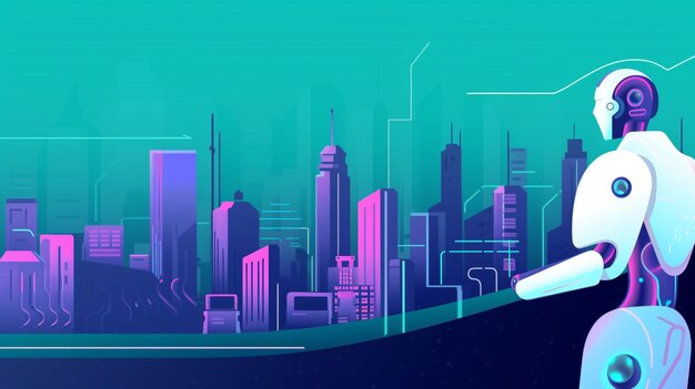 Illustration of a robot standing in front of a city skyline generative ai