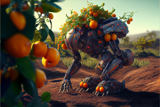 Illustration of robotic computer intelligence fermer harvesting oranges ai