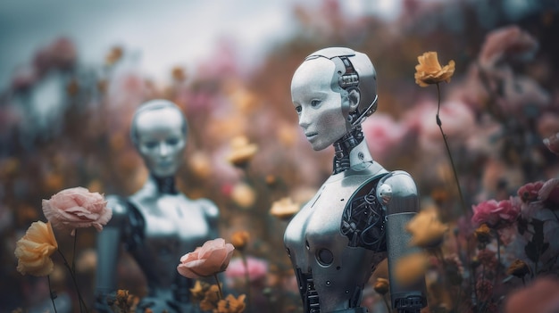 Illustration of robots in a flower garden Generative AI