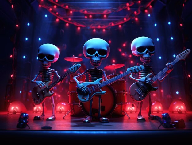 Photo illustration of a rock band made of cute skeletons on the stage