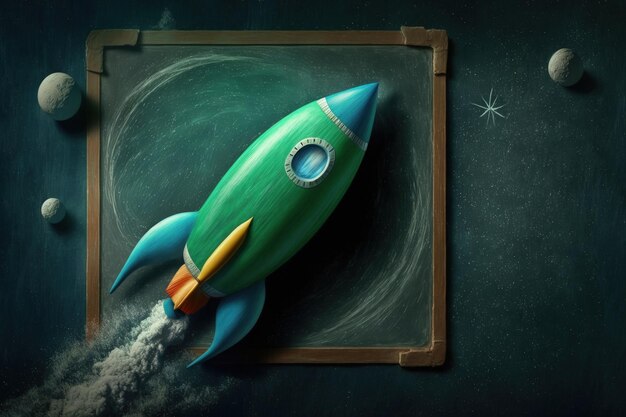 Illustration of rocket in the blackboard concept of business and creativity Generative AI