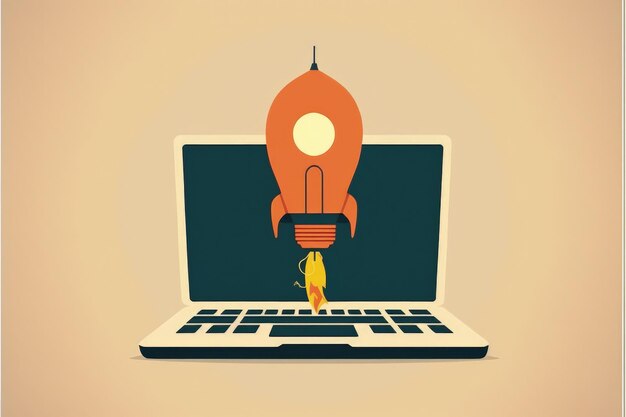 Illustration rocket coming out of laptop screen concept of ideas and statup Generative AI