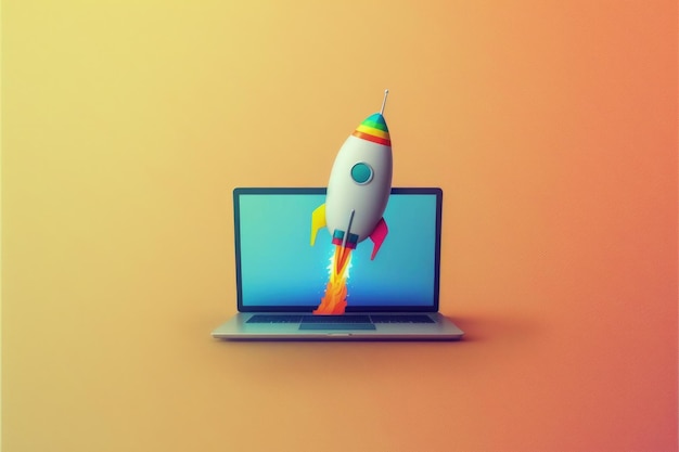 Illustration rocket coming out of laptop screen concept of ideas and statup Generative AI