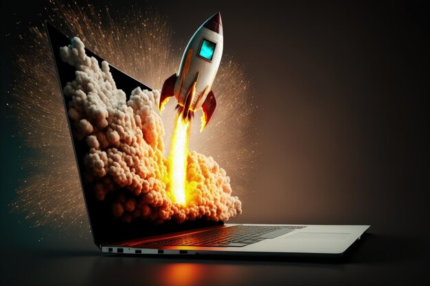 Illustration rocket coming out of laptop screen concept of ideas and statup Generative AI