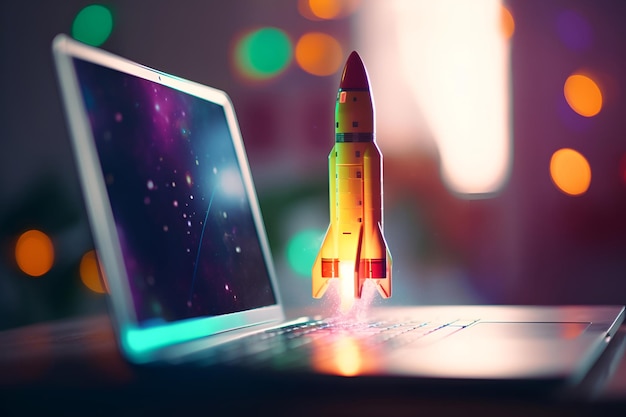 Illustration of a rocket flying out of a laptop